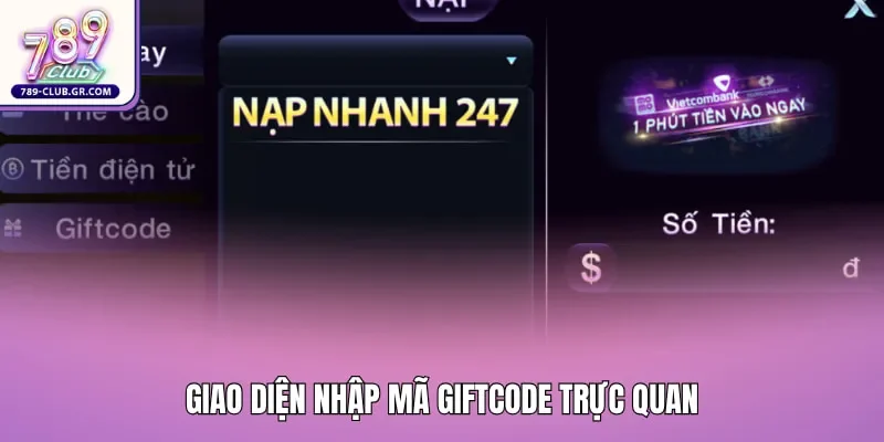 Giao diện nhập mã giftcode trực quan giúp người chơi dễ dàng thao tác nhận thưởng