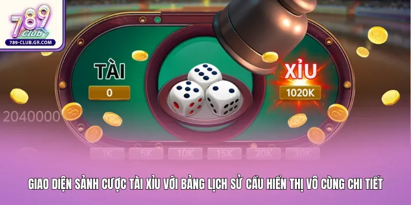 Giao diện sảnh cược tài xỉu với bảng lịch sử cầu hiển thị vô cùng chi tiết